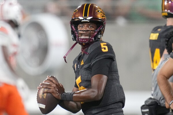 Arizona State quarterback Jaden Rashada warms up prior to an NCAA college football game against Oklahoma State Saturday, Sept. 9, 2023, in Tempe, Ariz. (AP Photo/Ross D. Franklin, File)