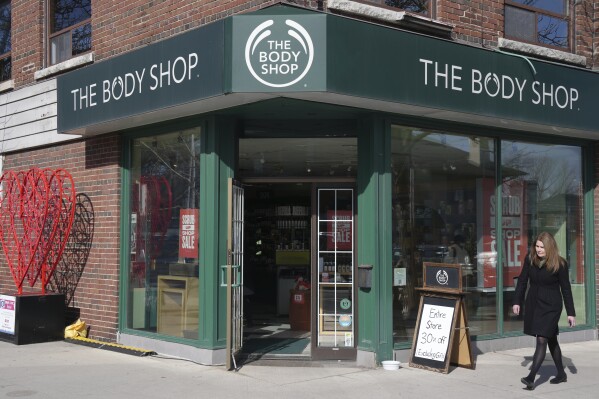 The exterior of a Body Shop store is seen, Monday, March 4, 2024, in Toronto. The Body Shop has ceased its U.S. operations on March 1, and is closing dozens of locations in Canada amid deepening financial struggles for the British beauty and cosmetics chain. (Chris Young/The Canadian Press via AP)