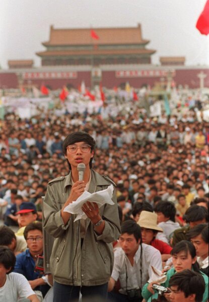 FILE - This May 27, 1989, file photo shows student leader Wang Dan in Tiananmen Square in Beijing, calling for a city wide march. Wang is urging Western nations to restore the link between human rights and trade with China during a press conference in Tokyo Wednesday, May 29, 2019, days ahead of the 30th anniversary of the 1989 student pro-democracy protests centered on Beijing's Tiananmen Square, of which he was a key leader. (AP Photo/Mark Avery, File)