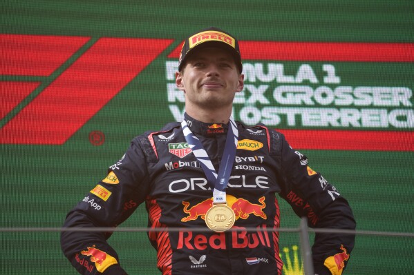 Red Bull driver Max Verstappen of the Netherlands gestures after winning the Austrian Formula One Grand Prix, at the Red Bull Ring racetrack, in Spielberg, Austria, Sunday, July 2, 2023. (AP Photo/Darko Bandic)