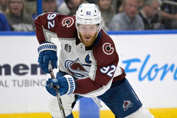 Colorado Avalanche left wing Gabriel Landeskog (92) skates during the second period of Game 4 of the NHL hockey Stanley Cup Finals on Wednesday, June 22, 2022, in Tampa, Fla. (AP Photo/Phelan M. Ebenhack, File)