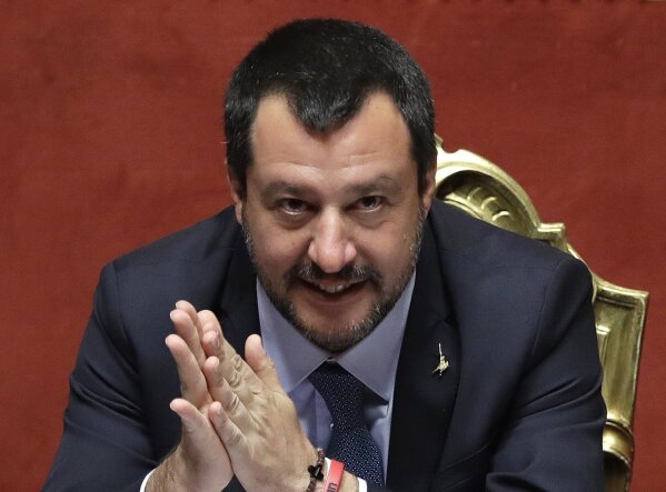 
              FILE - In this file photo dated Wednesday, March 20, 2019, Italian Interior Minister Matteo Salvini at the Italian Senate, in Rome. Migrants hijacked a cargo ship in Libyan waters on Wednesday March 27, 2019, and have forced the crew to reroute the vessel north toward Europe, and Italian Interior Minister Salvini said the ship, was carrying around 120 migrants, but Italian authorities vowed they would not allow it into their territorial waters. (AP Photo/Alessandra Tarantino, FILE)
            