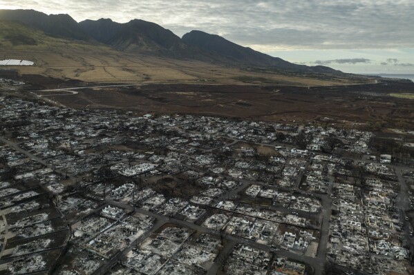 A general view shows the aftermath of a wildfire in Lahaina, Hawaii, Thursday, Aug. 17, 2023. (AP Photo/Jae C. Hong)