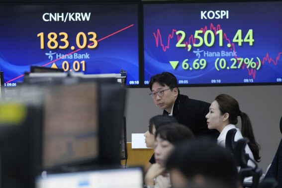 Currency traders watch monitors at the foreign exchange dealing room of the KEB Hana Bank headquarters in Seoul, South Korea, Monday, Sept. 25, 2023. Shares in Asia were mostly lower on Monday, with Tokyo the only major regional market to advance, after Wall Street wheezed to more losses with its worst week in six months. (AP Photo/Ahn Young-joon)