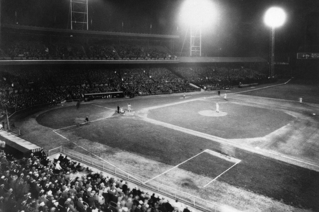 This is a general view of the first night game at Crosley Field in Cincinnati, marking the Cincinnati Reds' first night game, May 24, 1935. The Reds played the Phillies tonight.  (AP Photo)