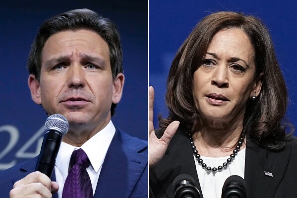 FILE - This combination of photos shows Vice President Kamala Harris speaking during the Pennsylvania Democratic Party's 3rd Annual Independence Dinner in Philadelphia, Oct. 28, 2022, and Republican presidential candidate Florida Gov. Ron DeSantis speaking during the Family Leadership Summit, July 14, 2023, in Des Moines, Iowa. (AP Photo/Matt Rourke, Charlie Neibergall, Files)
