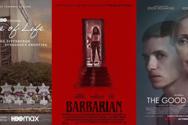 This combination of images shows promotional art for the documentary “A Tree of Life: The Pittsburgh Synagogue Shooting,” debuting Oct. 26 on HBO Max, left, "Barbarian,"  the low-budget indie horror available on VOD on Oct. 25, center, and “The Good Nurse,” premiering Oct. 28 on Netflix. (HBO Max/20th Century Studios/Netflix via AP)