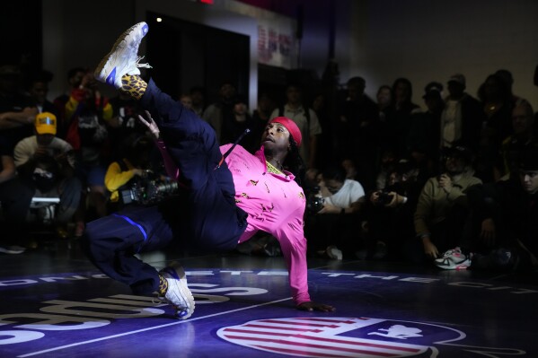 B-Boy Nebz competes during the Breaking for Gold Big Apple breakdancing regional competition Saturday, April 22, 2023, in the Brooklyn borough of New York. The hip-hop dance form makes its official debut at the Paris Games in 2024. (AP Photo/Frank Franklin II)