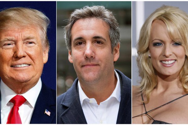 FILE - This combination of file photo shows, from left, President Donald Trump, attorney Michael Cohen and adult film actress Stormy Daniels. Search warrants unsealed Thursday, July 18, 2019, shed new light on the president's role as his campaign scrambled to respond to media inquiries about hush money paid to two women who said they had affairs with him. The investigation involved payments Cohen helped orchestrate to Daniels and Playboy centerfold Karen McDougal.  (AP Photo/File)