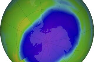 In this NASA false-color image, the blue and purple shows the hole in Earth's protective ozone layer over Antarctica on Oct. 5, 2022. It has generally been shrinking but grew to a moderately large size this year because of weather conditions. (NASA via AP)