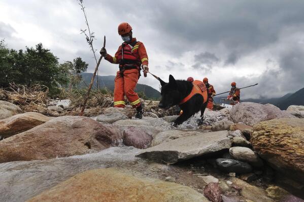 In this photo released by Xinhua News Agency, rescue workers and a rescue dog search for victims in the aftermath of flooding in Yihai Town of Mianning County in southwestern China's Sichuan Province on Sunday, June 28, 2020. Authorities in southwestern China's Sichuan province say some have died and others are missing following heavy rains, adding to a grow toll from summer flooding across the country. (Wang Yun/Xinhua via AP)
