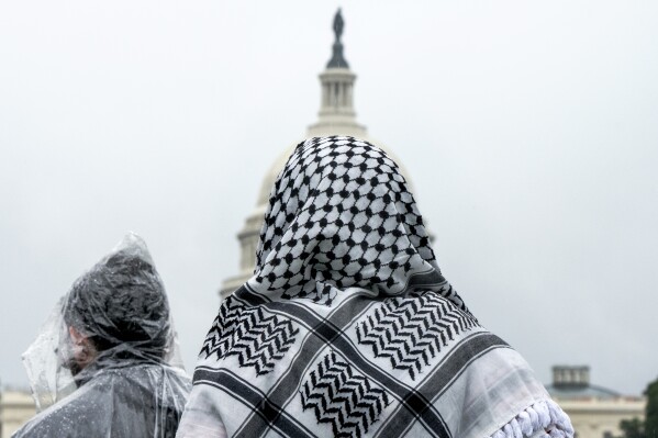 A man wearing a keffiyeh looks at the U.S. Capitol during a pro-Palestinian rally, Saturday, May 18, 2024, on the National Mall in Washington. (AP Photo/Jacquelyn Martin)