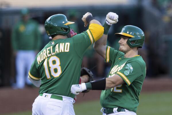 Oakland A's DH Mitch Moreland pitches scoreless inning against