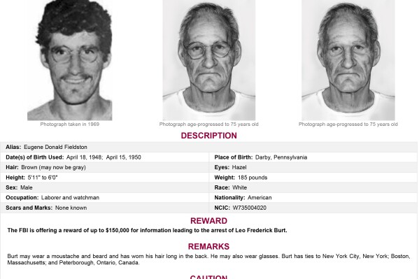 This image provided by the FBI shows Leo Frederick Burt. More than 50 years after a bombing on the University of Wisconsin campus that killed a researcher, the FBI on Thursday, Aug. 31, 2023 released age-processed photographs of Burt, a suspect who has evaded law enforcement for more than half a century. (FBI via AP)
