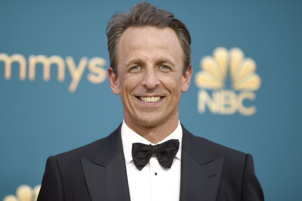 FILE - Seth Meyers arrives at the 74th Primetime Emmy Awards on Monday, Sept. 12, 2022, in Los Angeles. Meyers celebrates his tenth year hosting "Late Night with Seth Meyers." (Photo by Richard Shotwell/Invision/AP, File)