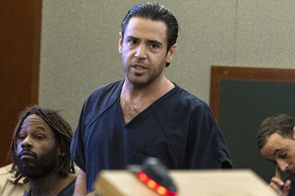 Matthew Mannix, accused of holding a woman hostage and throwing furniture out of a Caesars Palace hotel room, appears in court during his sentencing at the Regional Justice Center, on Thursday, Sept. 28, 2023, in Las Vegas. (Bizuayehu Tesfaye/Las Vegas Review-Journal via AP)