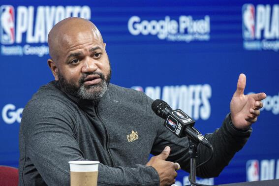 Cleveland Cavaliers head coach J.B. Bickerstaff talks with the media before an NBA basketball first-round playoff series game against the New York Knicks, Wednesday, April 26, 2023. (AP Photo/Phil Long)