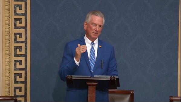 This image from Senate Television video shows Sen. Tommy Tuberville, R-Ala., speaking on the Senate floor Wednesday, Nov. 1, 2023. Republican senators angrily challenged Tuberville on his blockade of almost 400 military officers Wednesday evening, taking over the Senate floor for hours to call for individual confirmation votes after a monthslong stalemate on the issue. (Senate Television via AP)