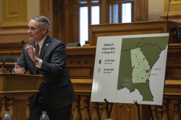 Georgia State Senator Ed Setzler, R- Acworth, presents SB 180, The Georgia Religious Freedom Restoration Act, during Crossover Day on Thursday, Feb. 29, 2024 in Atlanta. (Matthew Pearson/WABE via AP)