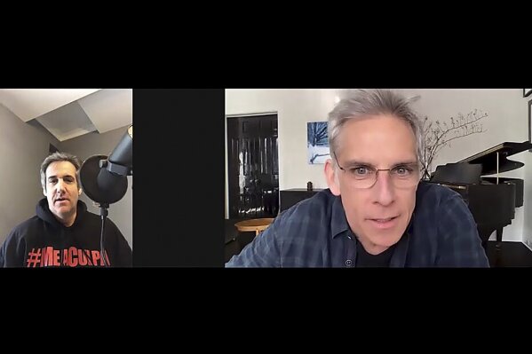 In this video frame grab provided by Michael Cohen, Cohen, left, interviews actor Ben Stiller for his podcast "Mea Culpa", in New York. Cohen says his new podcast "Mea Culpa" is changing the minds ...