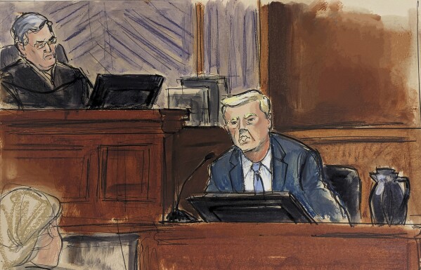 In this courtroom sketch, Thursday, Jan. 25, 2024, Donald Trump, testifies in Federal Court, as Judge Lewis Kaplan, left, listens, in New York, (Elizabeth Williams via AP)