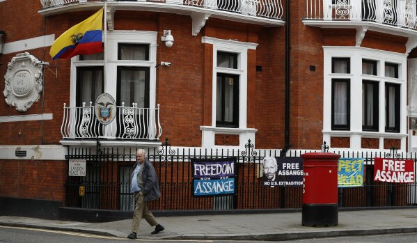 
              A general view of the Ecuadorian Embassy where Wikileaks founder Julian Assange has been holed out since 2012, in London, Friday, April 5, 2019. A senior Ecuadorian official said no ...