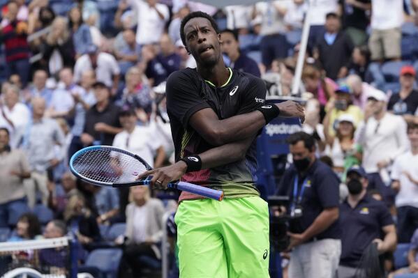 Gael Monfils, of France, reacts after defeating Steve Johnson, of the United States, during the second round of the US Open tennis championships, Thursday, Sept. 2, 2021, in New York. (AP Photo/John Minchillo)