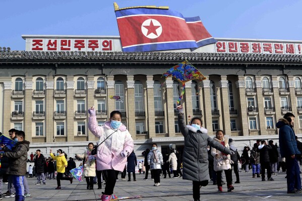 North Korean children play folk games at the Kim Il Sung Square on the occasion of Lunar New Year in Pyongyang, North Korea Saturday, Feb. 10, 2024. (APPhoto/Cha Song Ho)