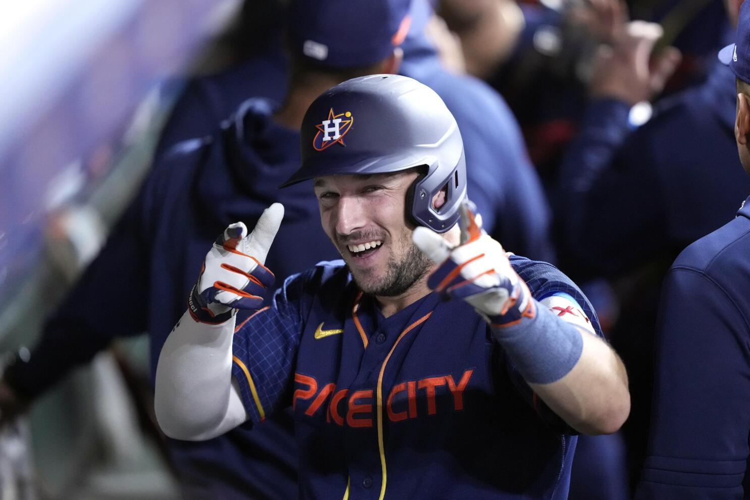 HOUSTON, TX - AUGUST 11: Houston Astros center fielder Mauricio Dubon (14)  is in the home dugout during the MLB game between the Los Angeles Angels  and Houston Astros on August 11