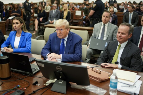 CORRECTS SPELLING OF CHRIS KISE'S LAST NAME - FILE - Former President Donald Trump, center, flanked by his defense attorneys, Alina Habba, left, and Chris Kise, waits for the continuation of his civil business fraud trial at New York Supreme Court, Oct. 25, 2023, in New York. Trump's testimony on Monday will produce a rare spectacle of a former president being summoned to the stand as a trial witness. (AP Photo/Seth Wenig, Pool, File)