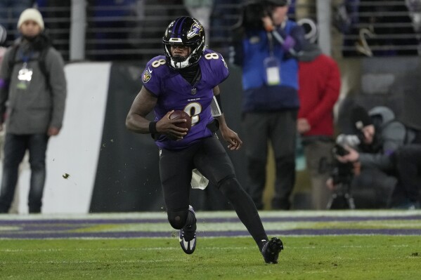 FILE - Baltimore Ravens quarterback Lamar Jackson (8) plays during the second half of the AFC Championship NFL football game against the Kansas City Chiefs, Sunday, Jan. 28, 2024, in Baltimore. The NFL announced Monday, May 13, that the Super Bowl champion Kansas City Chiefs will open the season at home against the Baltimore Ravens on Thursday, Sept. 5. The game is a rematch of the AFC championship game in January, which the Chiefs won 17-10 in Baltimore.(AP Photo/Nick Wass, File)