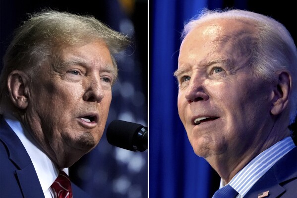 FILE - This combo image shows Republican presidential candidate former President Donald Trump, left, March 9, 2024 and President Joe Biden, right, Jan. 27, 2024. Many Americans are unenthusiastic about a November rematch of the 2020 presidential election. But presumptive GOP nominee Donald Trump appears to stoke more fear and anger among voters from his opposing party than President Joe Biden does from his. That's according to a new poll from The Associated Press-NORC Center for Public Affairs Research. (AP Photo, File)