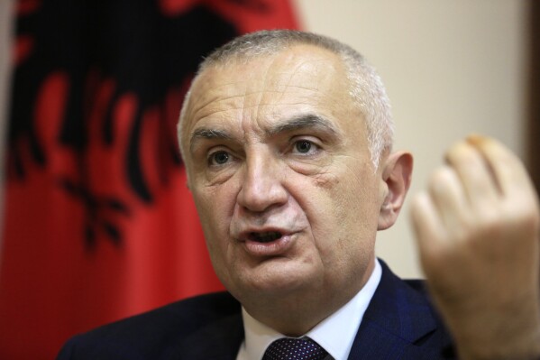 The then Albanian President Ilir Meta speaks during an interview with the Associated Press in Tirana, Albania, on April 21, 2021. (AP Photo/Hektor Pustina, File)