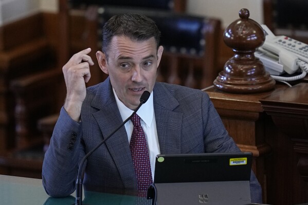 Whistleblower witness Ryan Bangert testifies during day three of the impeachment trial for Texas Attorney General Ken Paxton in the Senate Chamber at the Texas Capitol, Thursday, Sept. 7, 2023, in Austin, Texas. (AP Photo/Eric Gay)