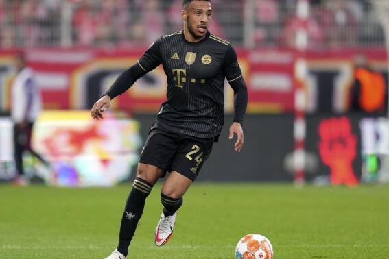 FILE - Bayern's Corentin Tolisso plays the ball during the German Bundesliga soccer match between 1. FC Union Berlin and FC Bayern Munich in Berlin, Germany, Saturday, Oct. 30, 2021. Lyon brought France midfielder Tolisso back to the club on a five-year contract Friday, July 1, 2022. (AP Photo/Michael Sohn, File)