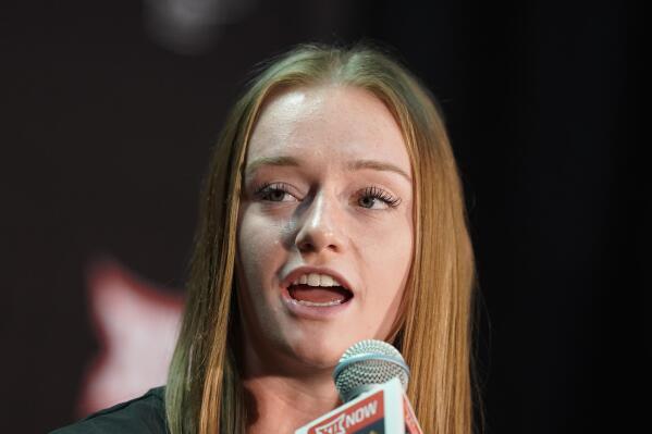Iowa State guard Lexi Donarski talks to the media during Big 12 NCAA college basketball media day Tuesday, Oct. 18, 2022, in Kansas City, Mo. (AP Photo/Charlie Riedel)