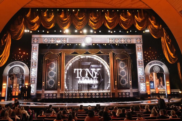 FILE - A view of the stage appears before the start of the 75th annual Tony Awards on Sunday, June 12, 2022, at Radio City Music Hall in New York. (Photo by Charles Sykes/Invision/AP, File)