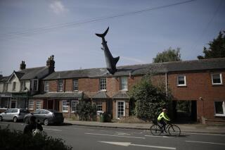 FILE - A fibreglass sculpture known as the Headington Shark and originally called "Untitled 1986", by British sculptor John Buckley stands appearing to crash through the roof of a house in the Headington area of Oxford, England, on April 30, 2019. The 25-foot tall sculpture of a shark crashing through the roof of Magnus Henson-Heine’s house in Oxford, England, is now a protected landmark — and he’s not happy about it. Henson-Heine loves the installation, erected by his father and a local sculptor in 1986 as an anti-war, anti-nuke protest that remains relevant as bombs fall on Ukraine and Russian President Vladimir Putin rattles his nuclear weapons. (AP Photo/Matt Dunham, File)