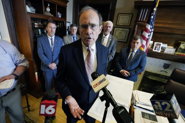 Mississippi Lt. Gov. Delbert Hosemann, a Republican, is backed by some senators as he discusses health care legislation during a news conference in his office at the state Capitol in Jackson, on Wednesday, Jan. 18, 2023. (AP Photo/Rogelio V. Solis)