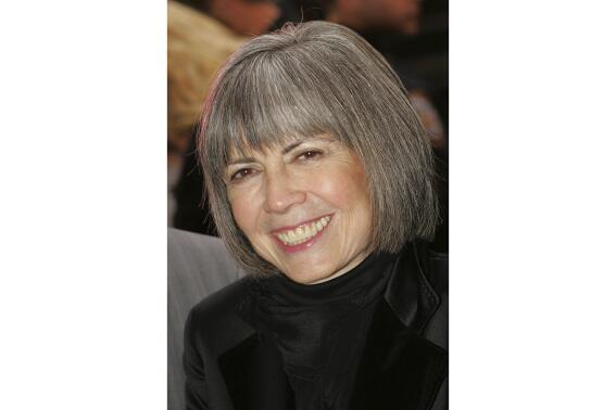 FILE - In this April 25, 2006, file photo, writer Anne Rice arrives to the opening night of the new Broadway musical "Lestat," in New York. Rice, the gothic novelist widely known for her bestselling novel "Interview with the Vampire," died late Saturday, Dec. 11, 2021, at the age of 80. Rice died due to complications from a stroke, her son Christopher Rice announced on her Facebook page and his Twitter page. (AP Photo/Dima Gavrysh, File)