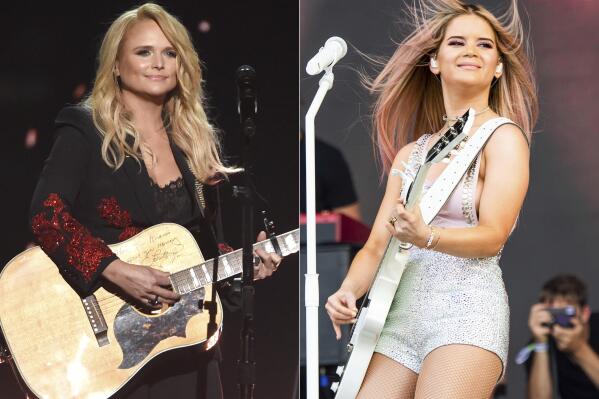 Miranda Lambert performs at the 53rd annual Academy of Country Music Awards in Las Vegas on April 15, 2018, left, and Maren Morris performs at the Bonnaroo Music and Arts Festival in Manchester, Tenn. on  June 15, 2019. Lambert and Morris are the leading nominees for the 2021 CMT Music Awards. (AP Photo)