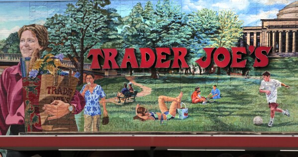 FILE - In this Aug. 13, 2019, file photo, Trader Joe's logo hangs on a mural at it's market in Cambridge, Mass. Trader Joe's is recalling a broccoli cheddar soup that may contain insects and cooked falafel over possible rocks, about one week after the grocery chain recalled two cookie products over similar concerns. The soup recall impacts Trader Joe’s Unexpected Broccoli Cheddar Soup with “Use By” dates ranging from July 18 to September 15 of this year, according to a Thursday, July 27, 2023 announcement from the company. (AP Photo/Charles Krupa)