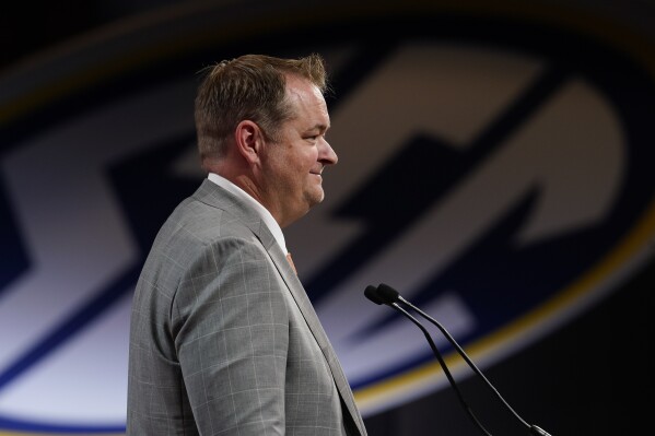 Tennessee head coach Josh Heupel speaks during the Southeastern Conference NCAA college football media days, Thursday, July 20, 2023, in Nashville, Tenn. (AP Photo/George Walker IV)