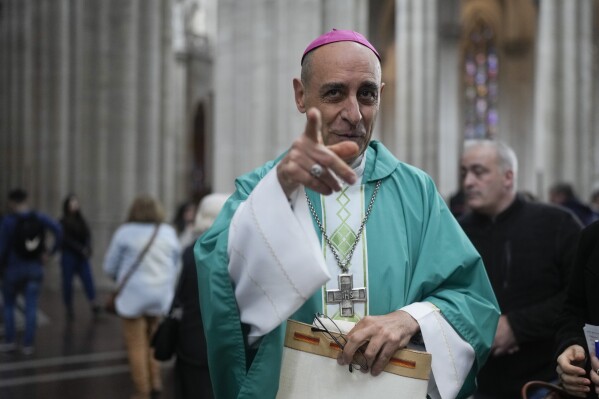 Monsignor Victor Manuel Fernandez, archbishop of La Plata, smiles after a Mass at the Cathedral in La Plata, Argentina, Sunday, July 9, 2023. Fernandez was appointed by Pope Francis to head the Holy See's Dicastery for the Doctrine of the Faith at the Vatican. (AP Photo/Natacha Pisarenko)