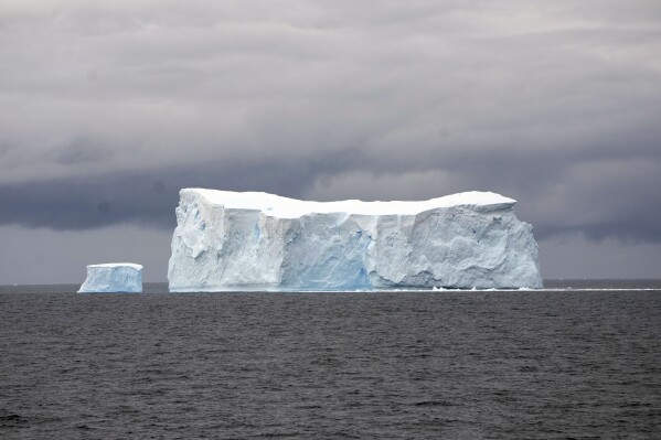 Icebergs float at Bransfield Straits, South Shetlands, Antarctica, Thursday, Nov. 23, 2023. (AP Photo/Jorge Saenz)