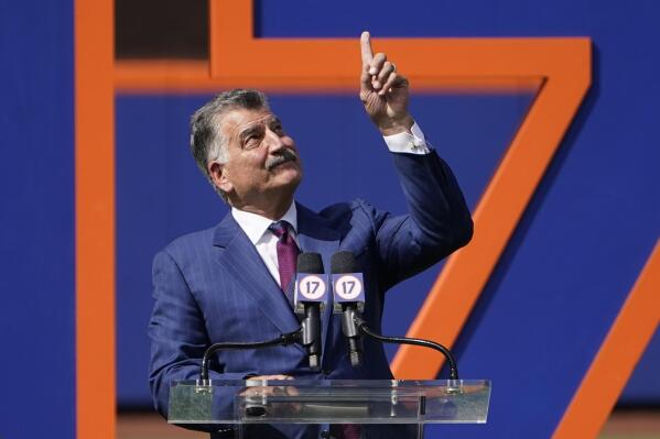New York Mets announcer and former player Keith Hernandez speaks during a pre-game ceremony to retire his player number before a baseball game between the Mets and Miami Marlins, Saturday, July 9, 2022, in New York. (AP Photo/John Minchillo)