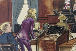 In this courtroom sketch, Monday, Jan 22, 2024, Donald Trump's attorney Alina Habba, standing, addresses Judge Lewis Kaplan, upper right, asking if Trump's testimony could be delayed until Wednesday because of the New Hampshire primary, while Carroll's lawyer pressed for the trial to resume Tuesday, Donald Trump seated far left, in Federal Court, in New York. Social media users are falsely claiming that Kaplan postponed the proceedings until Tuesday, which is proof of election interference. (Elizabeth Williams via AP)
