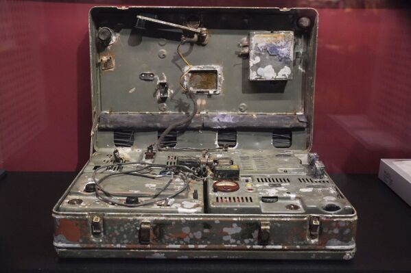 The Krogers' 'flash transmission' radio equipment, 1960, on display during a preview for the MI5: Official Secrets exhibition at the National Archives in London, Tuesday, April 1, 2025. (Jonathan Brady/PA via AP)