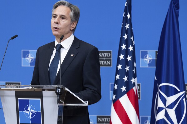 US Secretary of State Antony Blinken gives a press conference following the Nato Foreign Ministers meeting on Ukraine at Nato Headquarters in Brussels, Belgium, Wednesday, Nov. 29, 2023. (Saul Loeb/Pool Photo via AP)