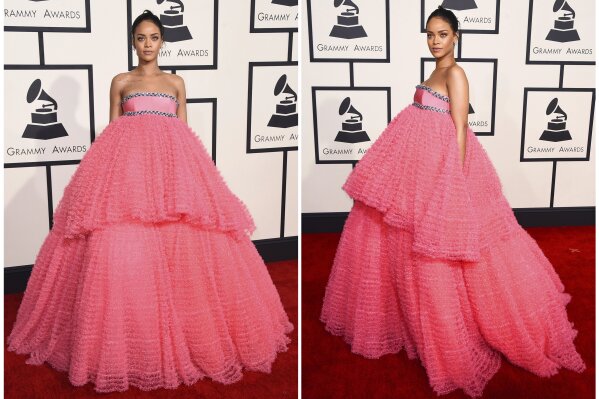 
              In this combination photo, Rihanna arrives at the 57th annual Grammy Awards in a two-tiered pink Giambattista Valli dress in Los Angeles on Feb. 8, 2015. (Photos by Jordan Strauss/Invision/AP)
            